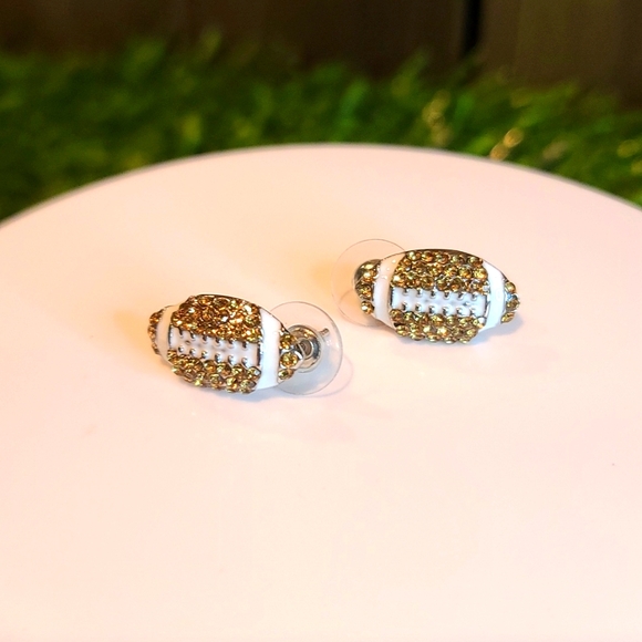 NFL Sport Tribute Stud Earrings Football themed - brown rhinestone white enamel - Picture 7 of 9